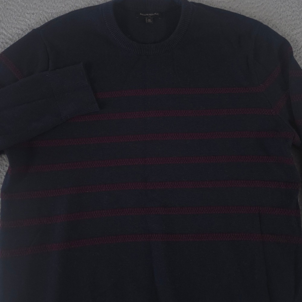 Banana Republic Sweater Mens XL Navy Burgundy Striped Cotton Wool Crewneck Knit